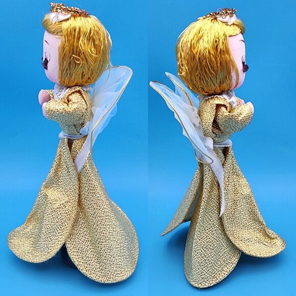 1960s Gold Stockinette Angel Tree Toppers Pair Rhinestone Tears Tulle Wings Gold - Picture 9 of 10
